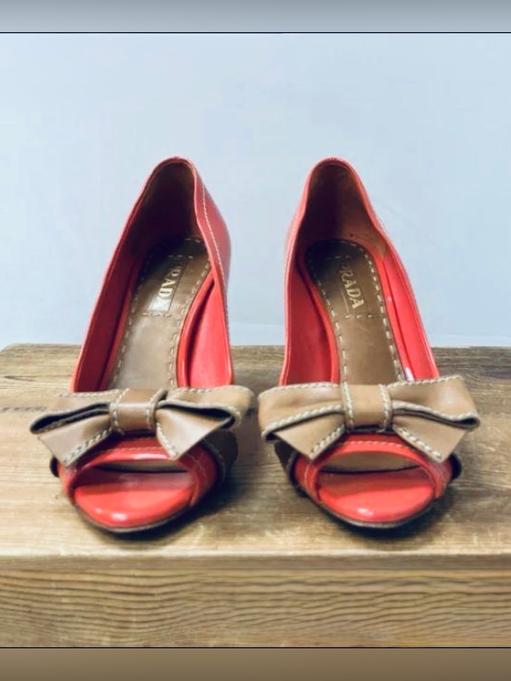PRADA Coral Peep-Toe Pumps with Brown Bow. Size 37.5